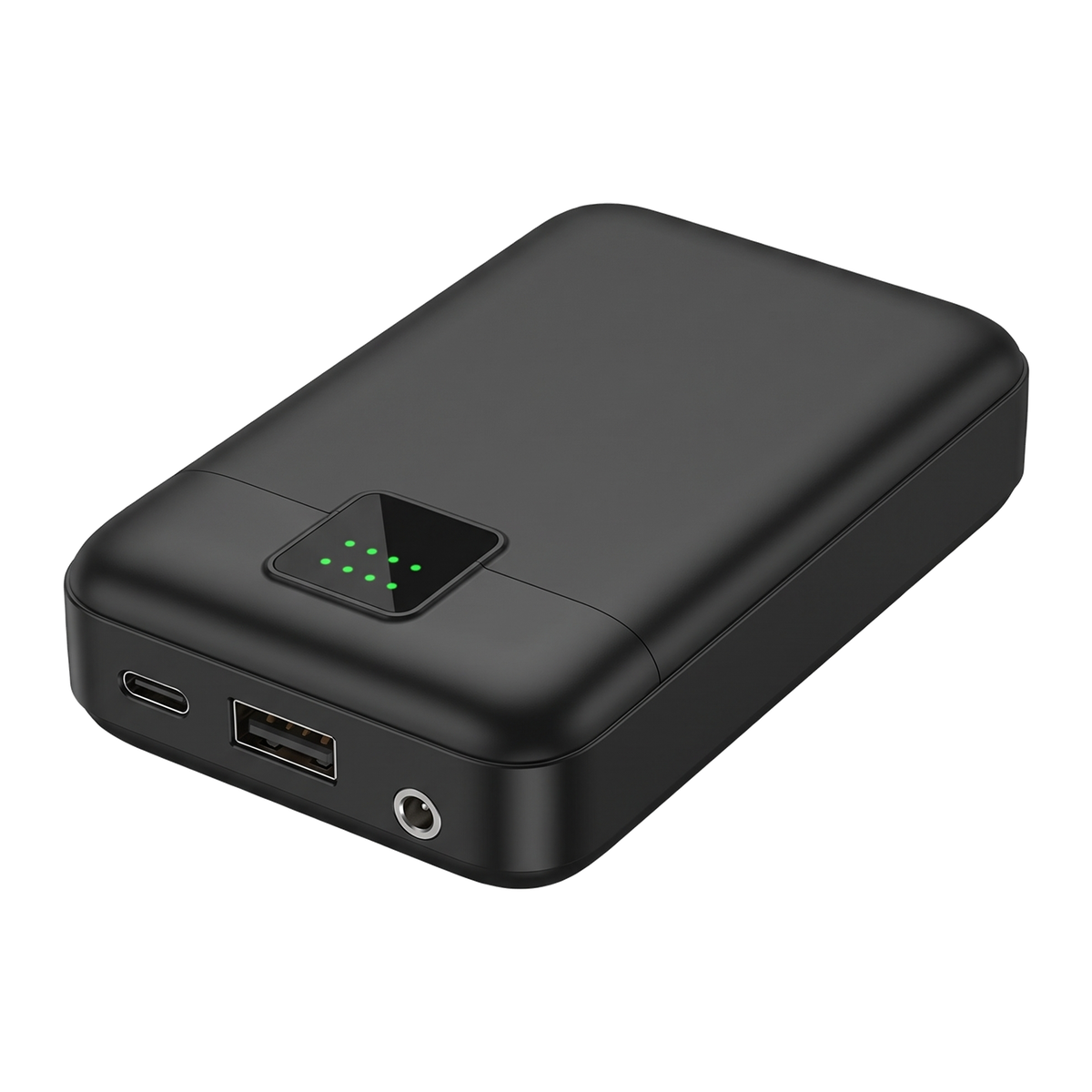 Black CozyCovers power bank with green battery indicator, centered USB-A output, USB-C input and round DC socket; transparent background