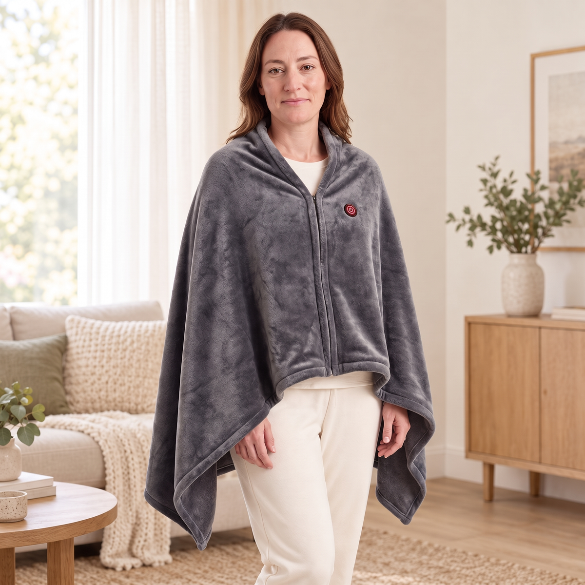 CozyCovers Grey wearable heated blanket, front view