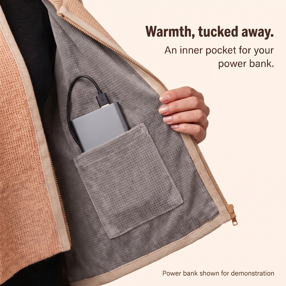 Open-top grey inner pocket carries an upright external power bank; USB-A cable powers the cape