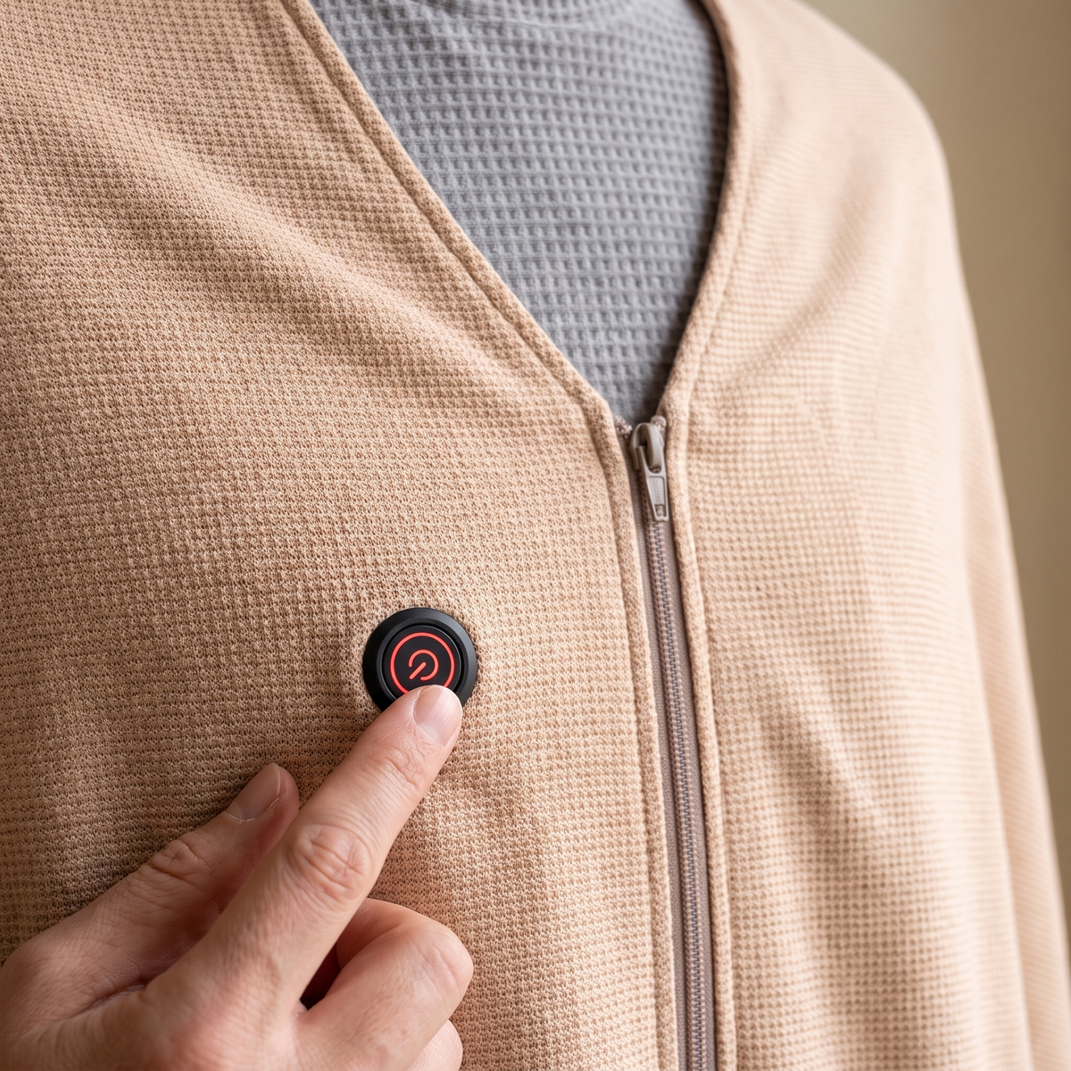 Gently tapping the red spiral control on the wearer's right side of the patchless Apricot CozyCovers zip-front wrap, photographed in soft natural light