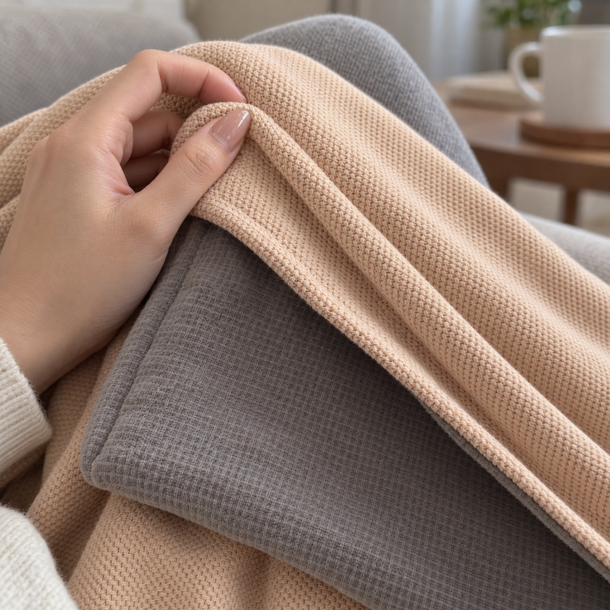 Close-up illustration of the Apricot jacquard exterior and grey textured lining of CozyCovers.